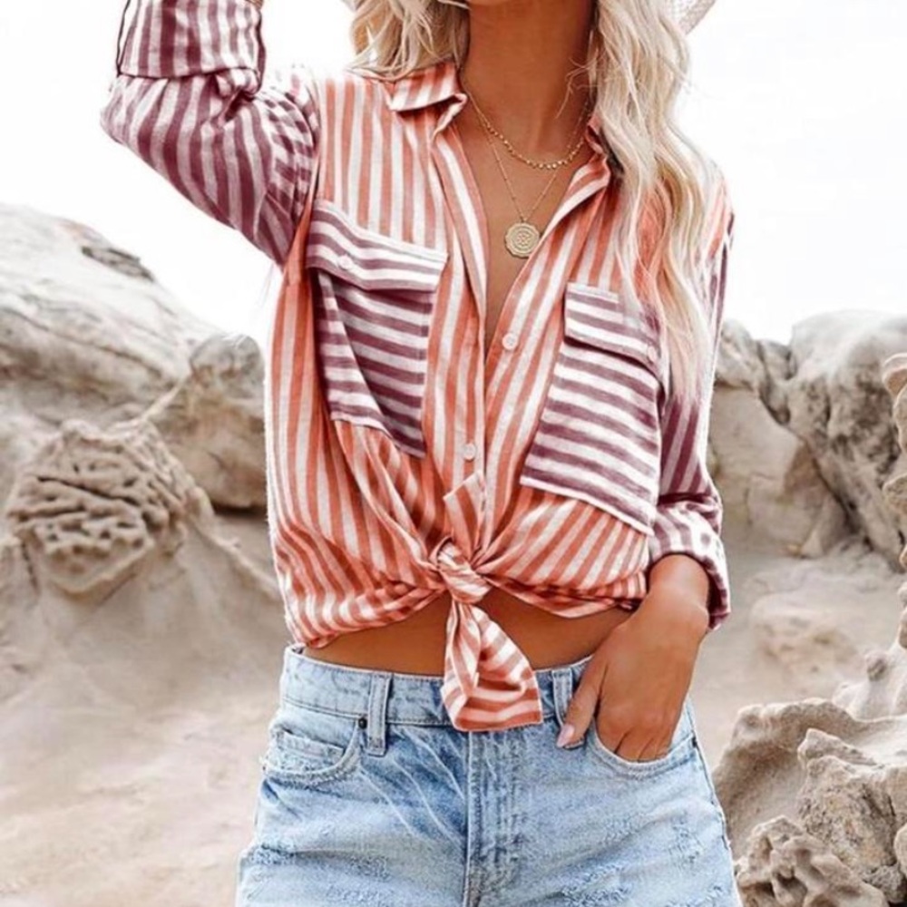 NWT- Red and White Striped Button-Up Shirt